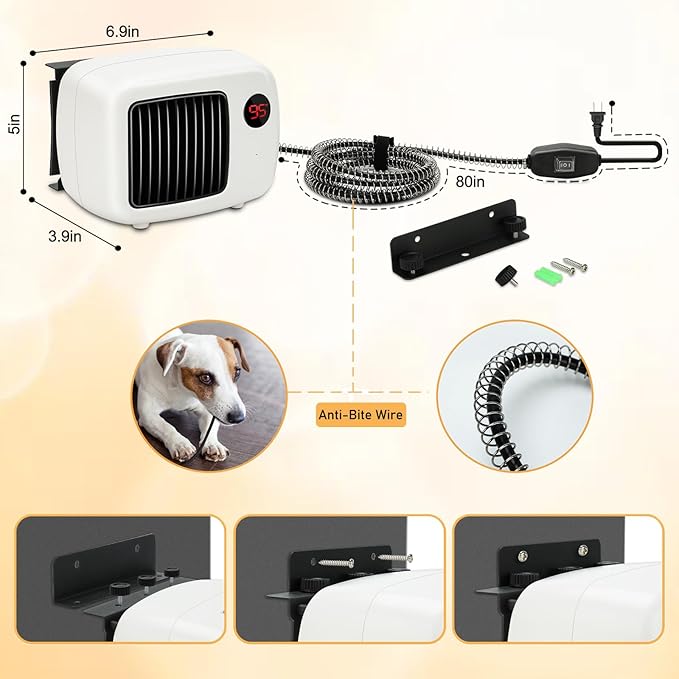 Rypet Dog House Heater with Thermostat, 200W/400W Safe Heater for Dog House Outdoor with 6 Ft Anti Chew Cord, Wall Mounted Chicken Coop Heater Electric Warmer for Hound Kennel Cat Cage Chicken Coop