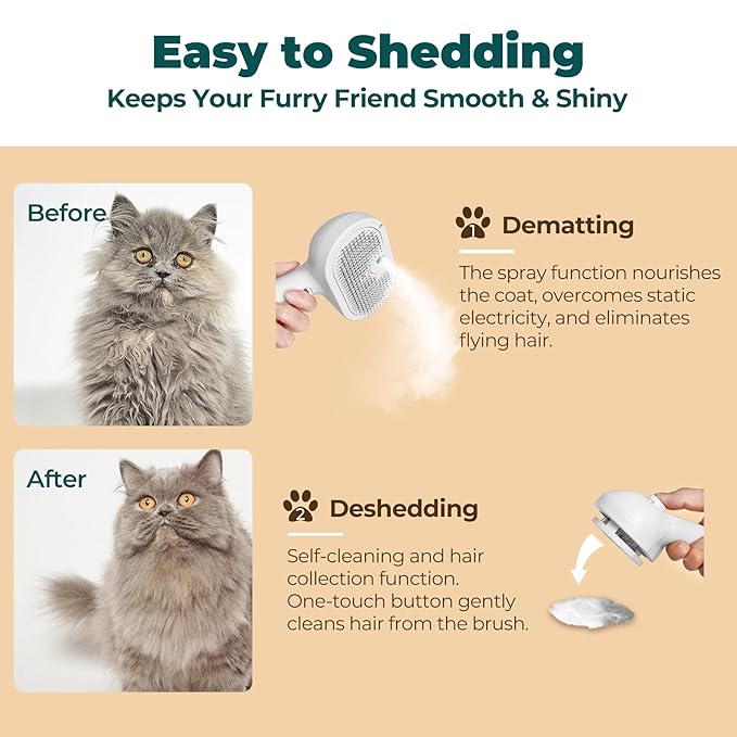 Tiny Hugs 4-in-1 Grooming Tool: Self-Cleaning Brush for Detangling Pet Fur, Steam Feature, and Bath Supplies