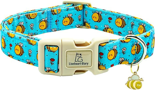 Lionheart glory Dog Collar, Bees Blue Dogs Collar Adjustable Soft Comfortable Collars for Large Dogs Girl or Boy Pet Gift Cute Spring Summer Collar