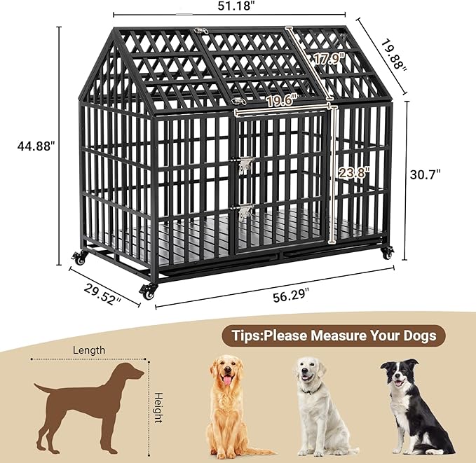 Heavy Duty Dog Crate, Escape Proof Dog Cage for Large Extra Large Dogs, 52 Inch, Dog Kennel Indoor with Lockable Wheels, Indestructible Dog Crates with Removable Trays, High Anxiety