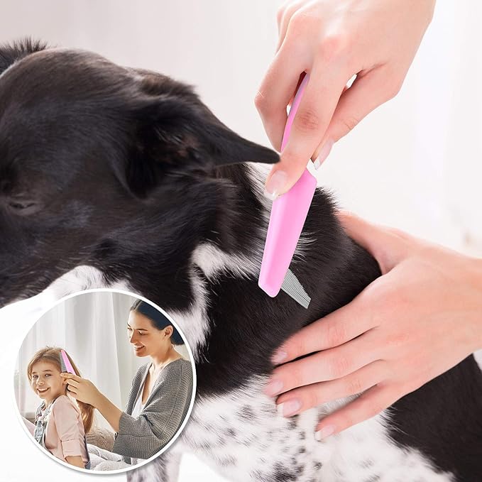 Flea Comb for Cats Dog Comb Lice Comb Metal Teeth Durable Tear Stain Dog Combs Remove Float Hair Combing Tangled Hair Dandruff Pet Comb Grooming Set 3 Pieces Add Storage Pouch (Pink)