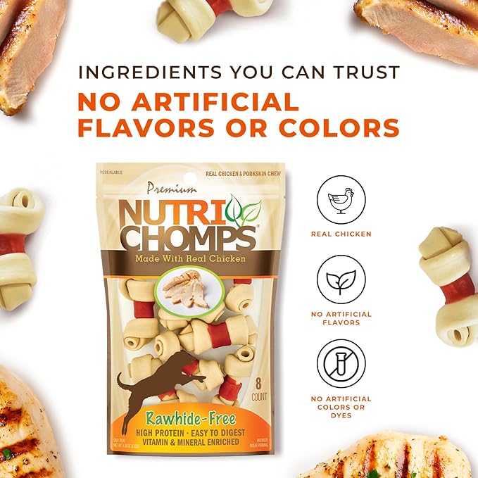 NutriChomps Dog Chews, 2.5-inch Knots, Easy to Digest, Long Lasting, Rawhide-Free Dog Treats, 8 Count, Real Chicken flavor