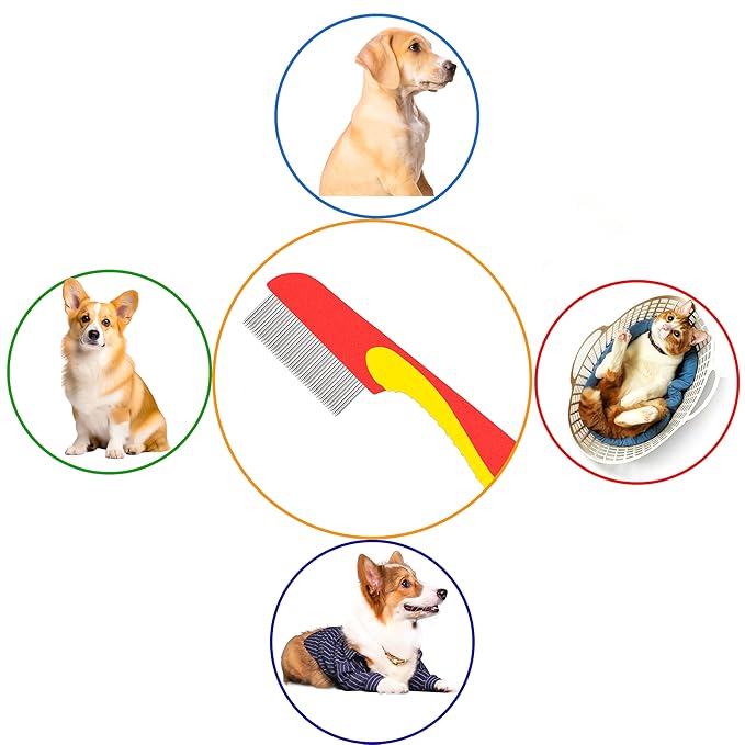Comb with Rubber Handle for Dogs & Cats, Fine Tooth Dog Comb for Grooming