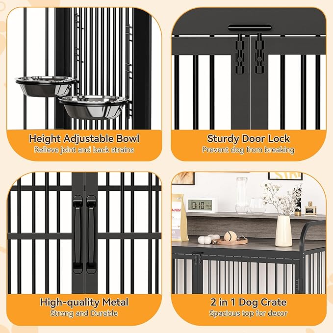GAOMON 48" Dog Kennel Furniture for Large Dogs,Large Dog Crate, Wooden Heavy Duty, Dog Crate Indoor with Adjustable Height Bowls, 48" L X 29.9" W X 44.3" H,Grey