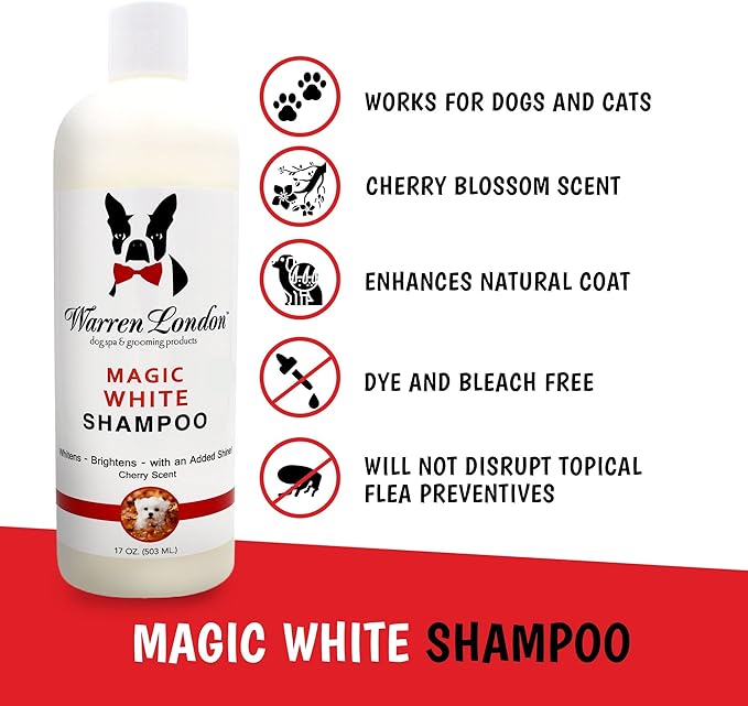 Warren London Magic White Dog Shampoo | Whitening Shampoo for White Dogs & Lighter Dog Coats | Puppy and Cat Safe Grooming Supplies | Cherry Scent | Made in USA | 17oz