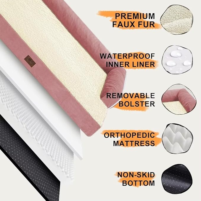 Orthopedic Washable Large Dog Bed, Pink Dog Beds with Removable Cover, Large XXXL Pet Dog with Bolster, Washable Dog Bed Sofa with Orthopedic Egg Foam for Medium Large Dog