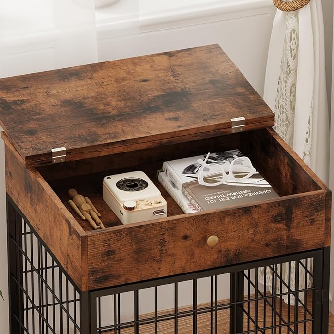 Small Dog Crate End Table,Dog Crate Furniture, Dog Kennel End Table with Storage Drawer, Chew-Proof Metal Fence, Lockable Door, Wooden Pet Cage Side Table Indoor