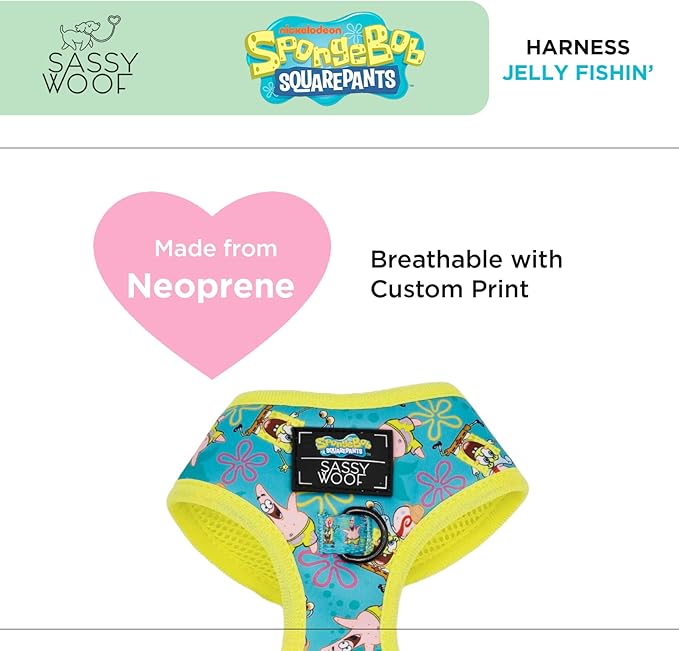 Dog Adjustable Harness - Spongebob Squarepants™ Jelly Fishin' - M, Breathable Mesh, No Pull Design with Two D-Rings, Perfect for Medium Dogs