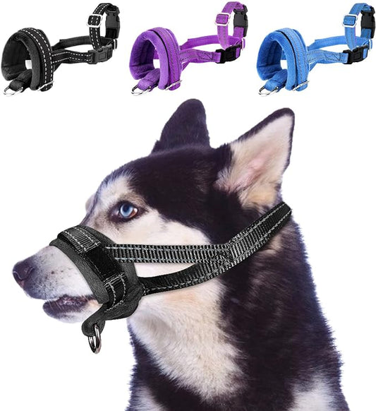 SlowTon Soft Dog Muzzle, Adjustable Padded Nylon Muzzle for Large Medium Dogs Anti Chewing Barking Biting, Allow Dog Pant & Drink (Black, L)