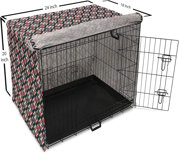 Lunarable Casino Dog Crate Cover, with Geometrical Design and Mosaic Composition Gamblers Club, Easy to Use Pet Kennel Cover for Cats & Medium Dogs, 24 Inch, Black Red Grey