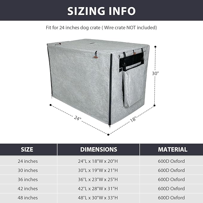 600D Dog Crate Cover, Waterproof Pet Kennel Cover with Storage Bag, Dog Cage Cover Fit for 24 Inch Wire Crate, 24 Inches, Gray (Cover Only)
