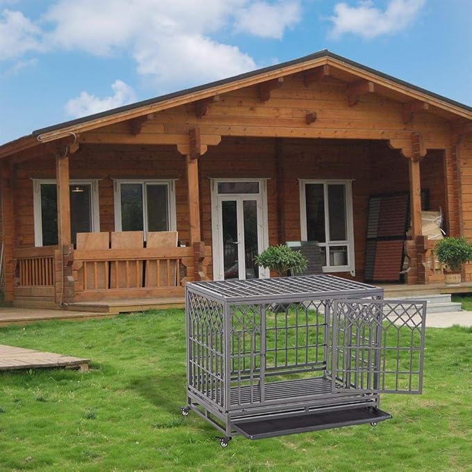 SMONTER 38" Heavy Duty Dog Crate Strong Metal Pet Kennel Playpen with Two Prevent Escape Lock, Large Dogs Cage with Wheels, Y Shape, Dark Silver … …