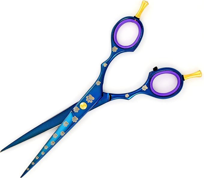 7.5" Professional Pet Grooming Scissors Double Finger Rest, Blue Titanium Coating, Dog Paws Laser Engraved.