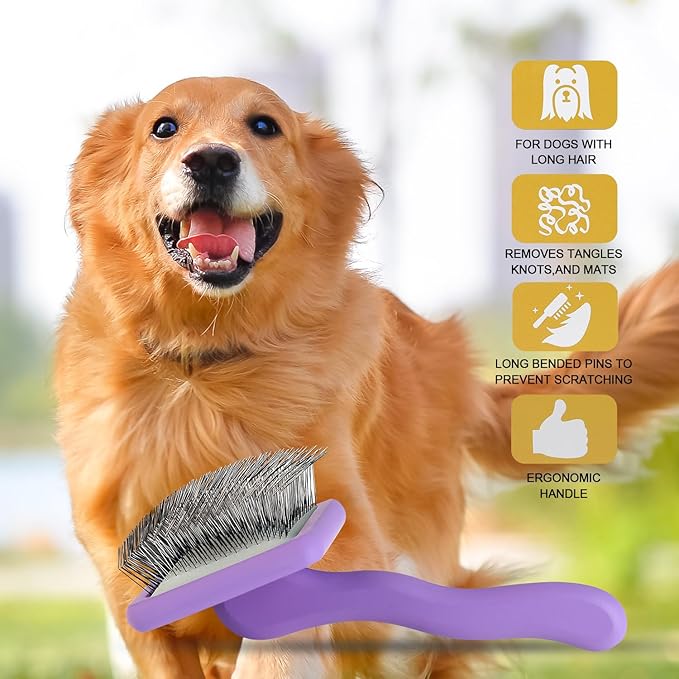 Dog Slicker Brush for Grooming Pet Hair, Large Size, Purple, Long Haired Brush For Dogs (Poodles, Goldendoodles, Labradoodles), Long Pin Brush For Dematting