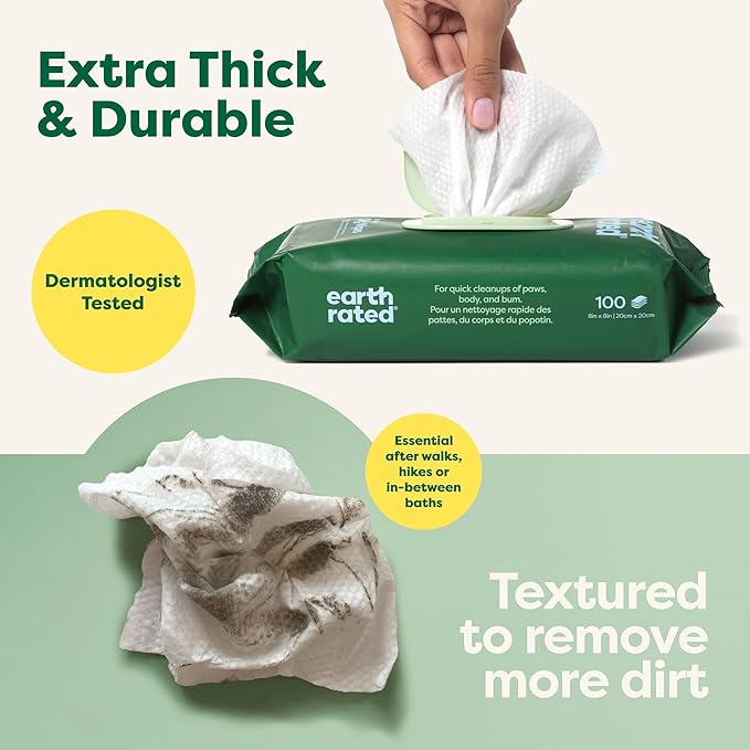 Earth Rated Pet Grooming Wipes for Dogs and Cats, Hypoallergenic, 3-in-1 Cleaning, Deodorizing and Hydrating, for Paws, Body and Butt, New White Tea and Basil Scent, 100 Count