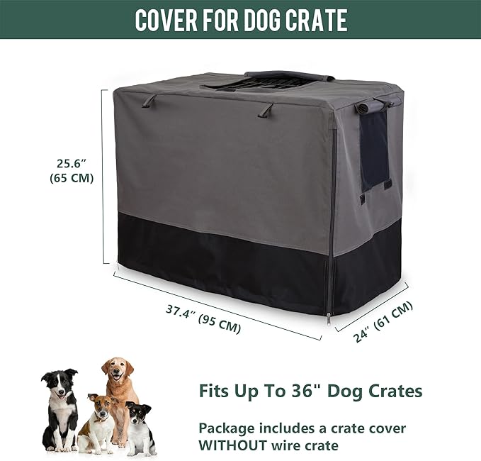 Rachmi Privacy Dog Crate Cover 36 Inch, Durable 600D Canvas Water Resistant Windproof Pet Kennel Cover for Universal Wire Crate with Double Doors, (37”Lx24”Wx25”H, Gray/Black)