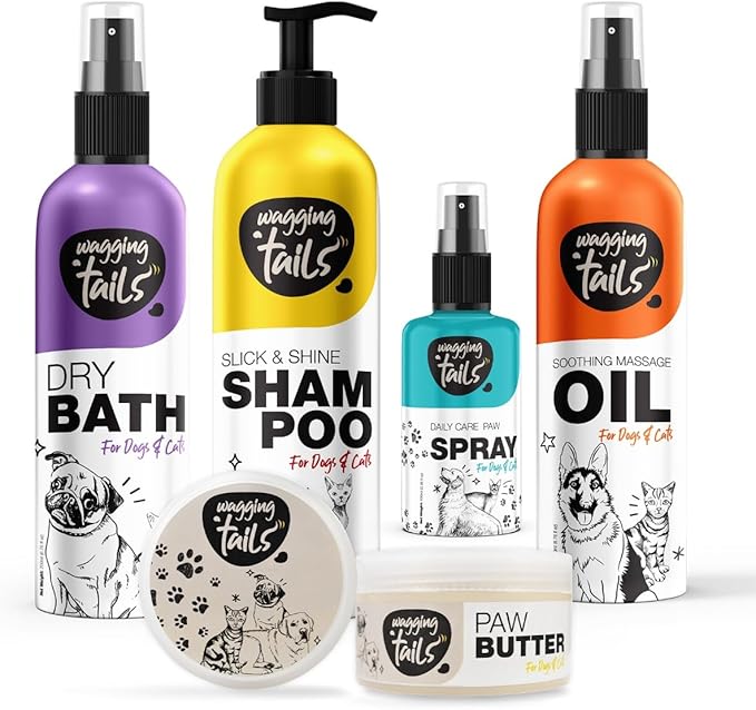 Wagging Tails 5 in 1 Grooming Kit for Pets | Shampoo 6.76 fl oz + Dry Bath 6.76 fl oz + Massage Oil 6.76 fl oz + Paw Butter 1.76 fl oz + Paw Spray 3.38 fl oz | Natural Ingredients| Ideal Gift for Pets