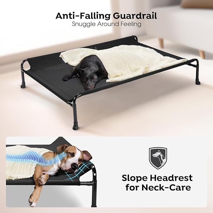 Veehoo Cooling Elevated Dog Bed, Raised Dog Beds for Large Dogs, Outdoor Dog Bed with Guardrail, Upgraded Non-Slip Feet, Breathable Teslin Mesh, Portable Camping Dog Cot, 41 x 27 Inches, Black
