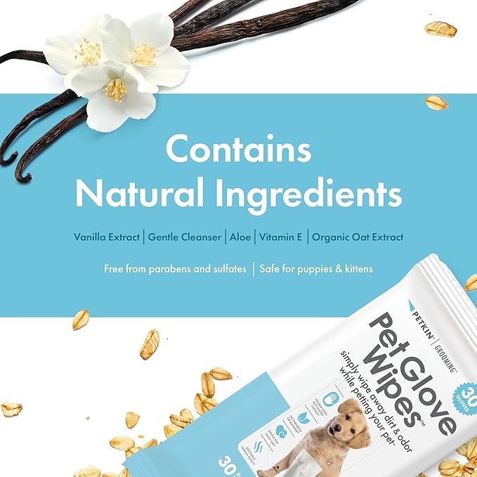 Petkin Pet Glove Wipes for Dogs and Cats, 30 Wipes - Double-Sided Cleaning Wipes - Gently Cleans Ears, Face, Butt, Body and Eye Area - Convenient, Ideal for Home or Travel - Vanilla Scented