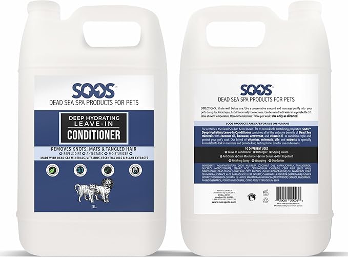 Soos Pet Dog Conditioner Deep Hydrating Leave-in Natural Dead Sea Minerals Skin Moisturizer Polish Deeply Absorbing with Vitamins Natural Ingredients for Dogs and Cats - 1x Pet Conditioner (4L)