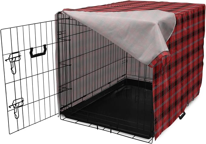Lunarable Buffalo Plaid Dog Crate Cover, Arrangement with Lumberjack Themes Geometric Concept Pattern Print, Easy to Use Pet Kennel Cover for Medium Large Dogs, 42 Inch, Vermilion and Grey