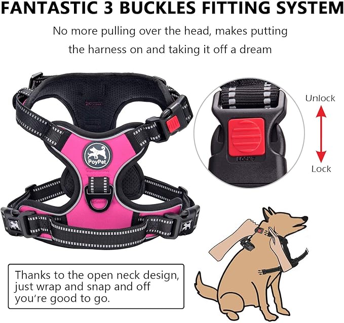 PoyPet No Pull Dog Harness, No Choke Front Lead Dog Reflective Harness, Adjustable Soft Padded Pet Vest with Easy Control Handle for Small to Large Dogs(Pink,XS)