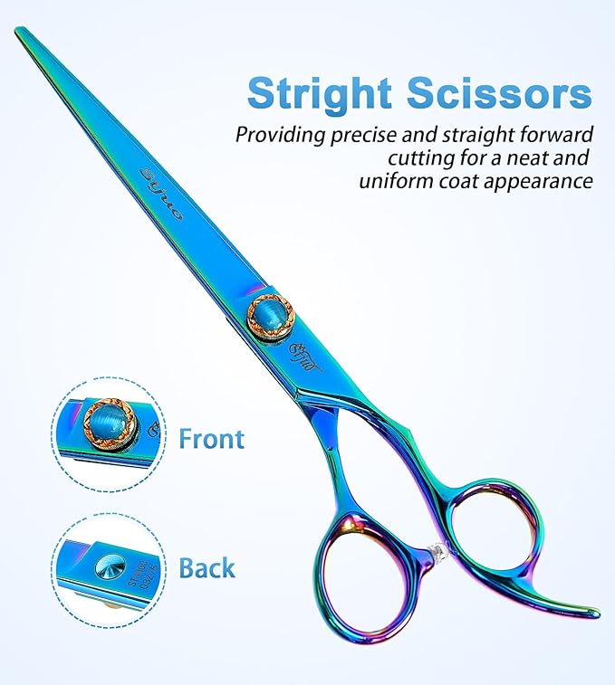 7.5'' Dog Straight Scissors for Grooming 440C Stainless Steel Green Professional Pet Trimming Scissors Sharp Blades Cutting for Dogs and Cats Shears