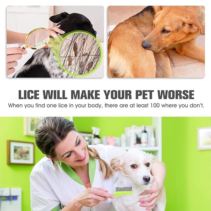 Flea Comb for Cats Dog Comb Lice Comb Metal Teeth Durable Tear Stain Dog Combs Remove Float Hair Combing Tangled Hair Dandruff Pet Comb Grooming Set 3 Pieces Add Storage Pouch (Green)