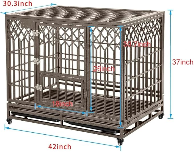 SMONTER Heavy Duty Dog Cage for Large Dog Strong Metal Kennel and Crate Pet Playpen with Three Doors, Four Wheels,42 Inch,Y Shape,Brown … … …