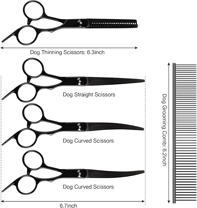 Premium Dog Grooming Scissors with Safety Round Tips, 6 in 1 Dog Grooming Scissors Kit, 4CR Stainless Steel Premium Pet Grooming Shears for Dog, Sharp and Durable, Black