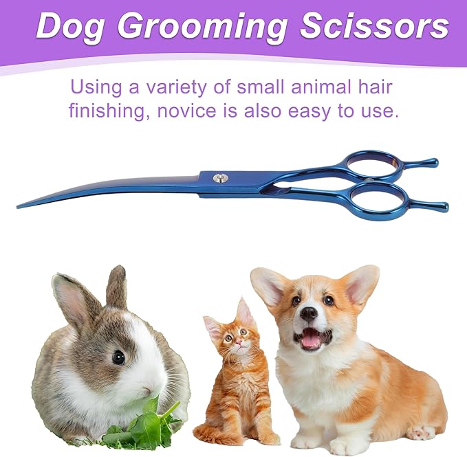Dog Grooming Scissors, with Ergonomic Handle, Pill Popper for Cats, Upper Bend Shears, Stainless Steel Curved Shears for Dogs Cats, Blue, 7.5inch