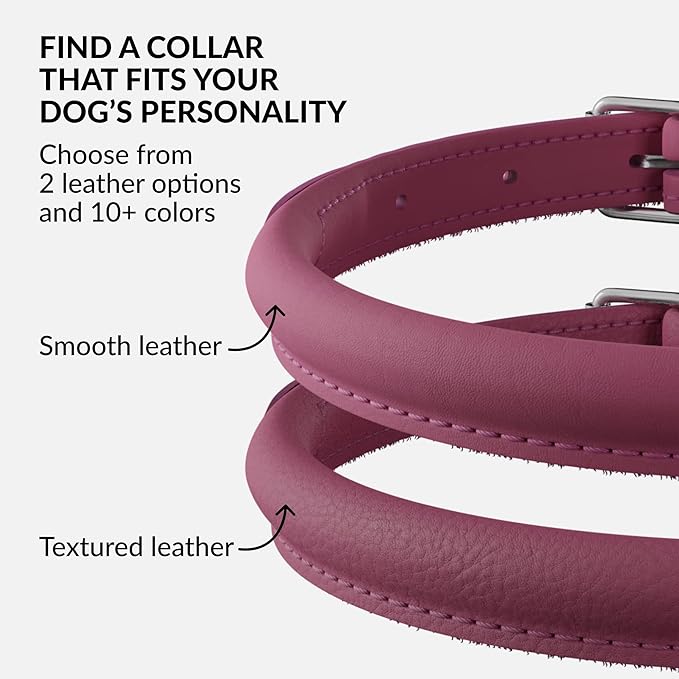 CollarDirect Rolled Leather Dog Collar, Soft Padded Round Puppy Collar, Handmade Genuine Leather Collar Dog Small Large Cat Collars 13 Colors (6 Inch, Pink Smooth)