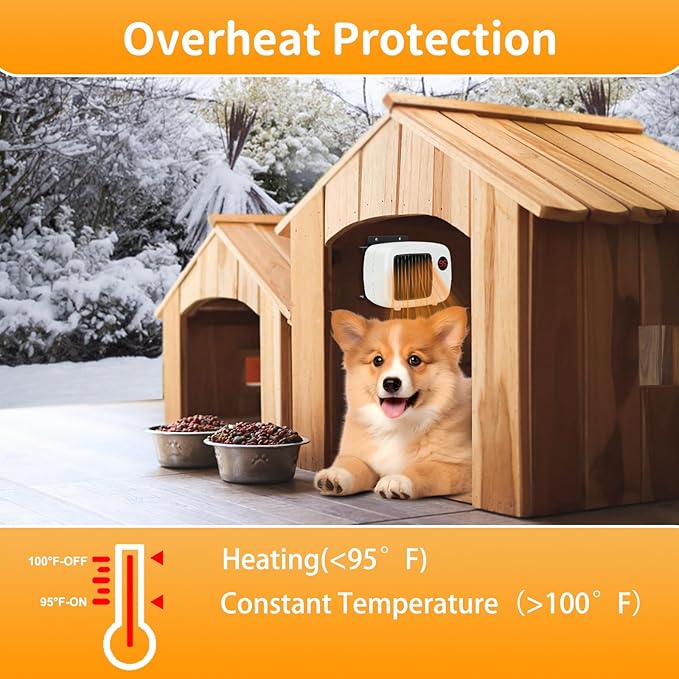 Rypet Dog House Heater with Thermostat, 200W/400W Safe Heater for Dog House Outdoor with 6 Ft Anti Chew Cord, Wall Mounted Chicken Coop Heater Electric Warmer for Hound Kennel Cat Cage Chicken Coop