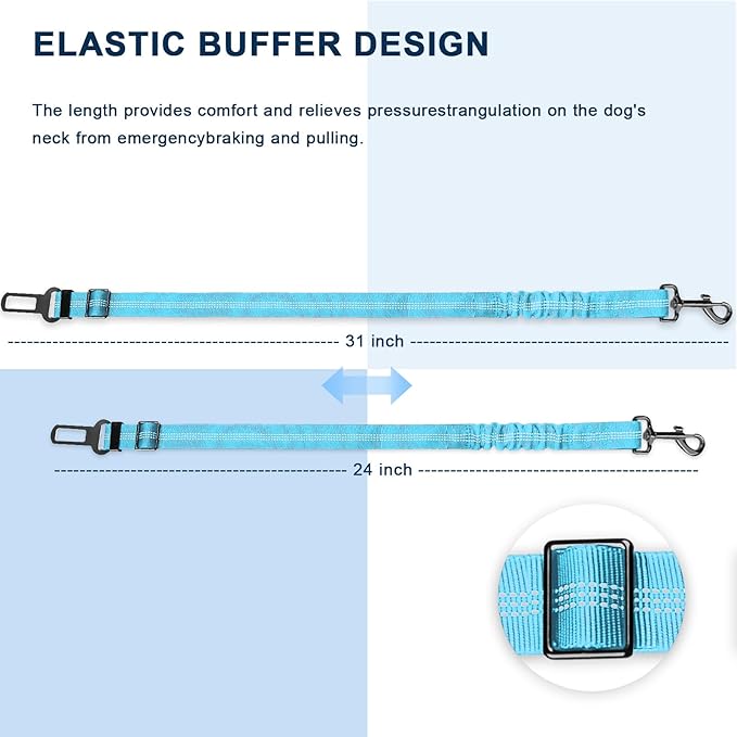Dog Seat Belt for car, 3 Piece Set Retractable Dog Car Harness 2 Pack Adjustable Seatbelt for Dog in car, Nylon Pet Safety Seat Belts Tether Heavy Duty and Reflective Dog car Leash, Blue
