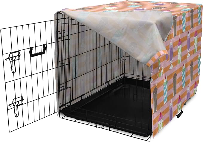 Lunarable Drinks Dog Crate Cover, Colorful Ice Cream Milkshake Creamy on a Striped Background, Easy to Use Pet Kennel Cover for Medium Large Dogs, 36 Inch, Salmon Pale Pink