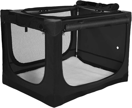 36-Inch Collapsible Travel Dog Crate, Portable 4-Door Soft Kennel for Medium to Large Dogs, Chew-Proof Mesh Windows, Indoor/Outdoor Use, Foldable, with Storage Bag (Black)