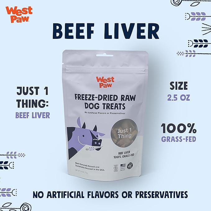 WEST PAW Freeze-Dried Raw All Natural Dog and Puppy Training Treats, Single Ingredient, Humanely Raised and Sustainably Sourced, Made in USA, Beef Liver, 1 Pack (2.5 oz)