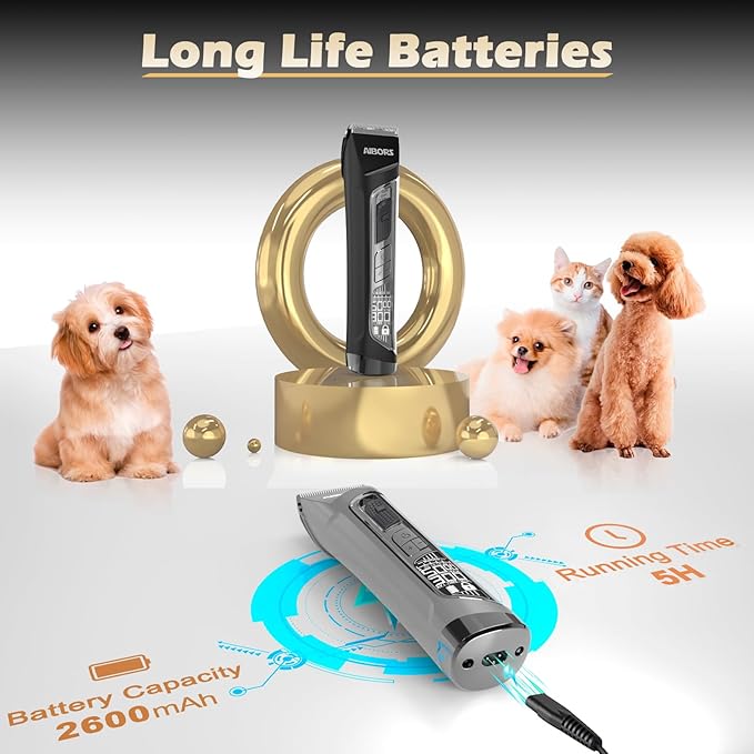Dog Clippers for Grooming, 2600mAh 5-Speed Dog Grooming Clippers with LCD Display, Low Noise, Cordless Pet Hair Clippers Trimmer for Dogs