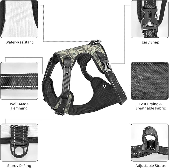 No Pull Dog Harness for Small Dogs Easy Walk Dog Vest Adjustable Collars Harnesses & Leashes Set Breathable Oxford Outdoor Walking Safety Reflective Strip Dollar Cash Prints
