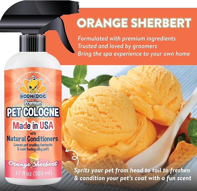 Bodhi Dog Natural Dog Cologne (Orange Sherbert) - Premium Scented Deodorizing Pet Perfume w/Conditioner for Dogs & Cats - Keeps Pets Fresh & Clean - Gentle and Safe Formula, Made in USA (17 Fl Oz)