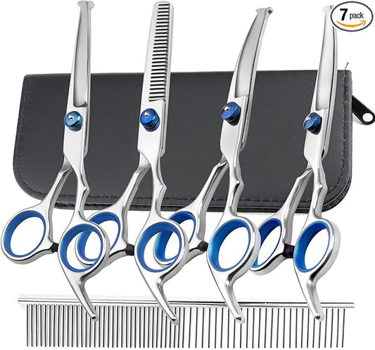 7PCS Dog Grooming Scissors Kit Professional Curved Dog Scissors for Grooming Safety Round Tip 4CR Coated Stainless Steel Heavy Duty Thinning Pet Shears Set for Dogs Cats