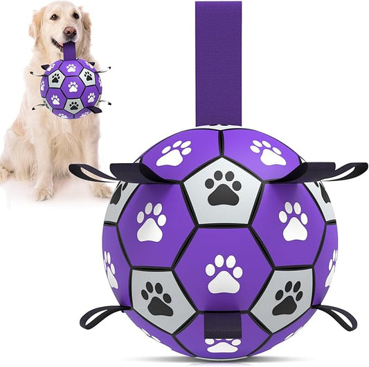 QDAN Dog Toys Soccer Ball with Straps - Durable Dog Balls for Large Dogs, Outdoor Dog Toys, Summer Dog Water Toy, Herding Ball, Puppy Dog Birthday Gifts (8 Inch)