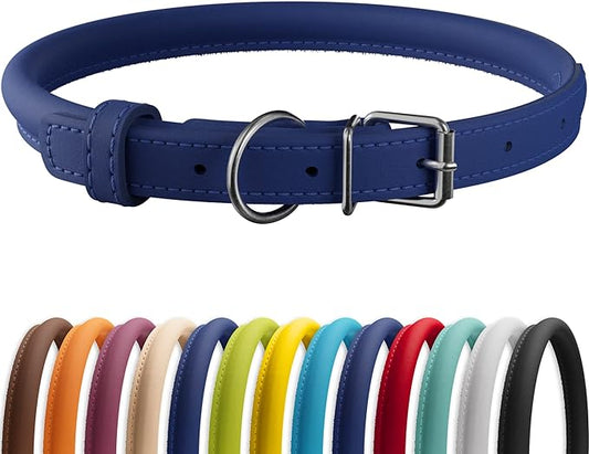 CollarDirect Rolled Leather Dog Collar, Soft Padded Round Puppy Collar, Handmade Genuine Leather Collar Dog Small Large Cat Collars 13 Colors (15-19 Inch, Deep Blue Smooth)