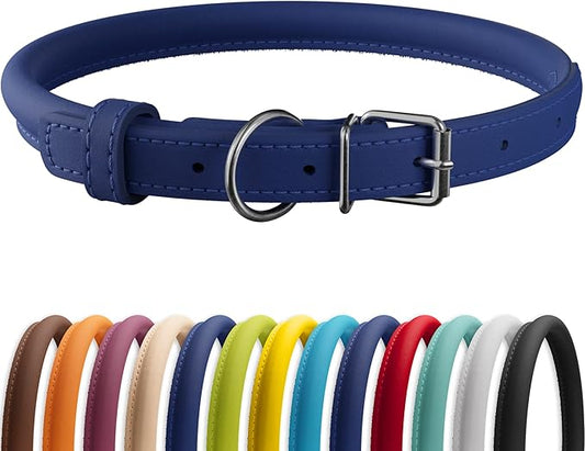 CollarDirect Rolled Leather Dog Collar, Soft Padded Round Puppy Collar, Handmade Genuine Leather Collar Dog Small Large Cat Collars 13 Colors (13-16 Inch, Deep Blue Smooth)