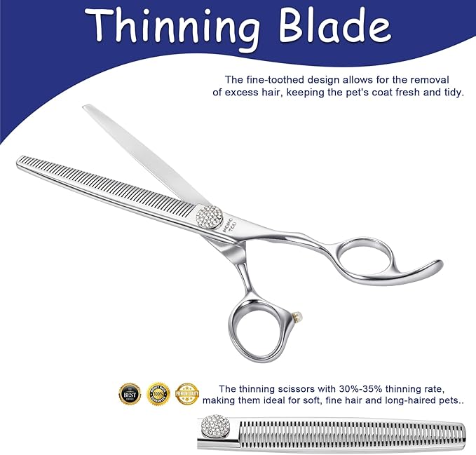 Professional Thinning Dog Grooming Scissors with Simulation Diamond 440C Stainless Steel Polished Pet Cat Thinner Blender Shears for Groomers and Home users 7''