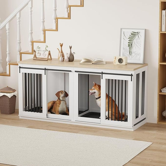 Large Dog Crate Furniture, 71" Wooden Dog Kennel for 2 Dogs, Heavy Duty Furniture Style Dog House with Divider & 2 Trays,Decorative Dog Crate Table Indoor Tv Stand