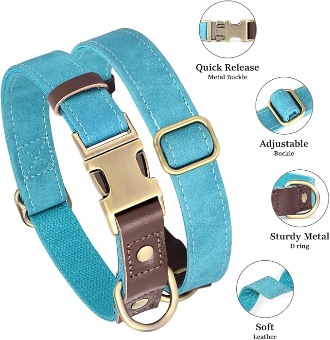 Didog Soft Padded Leather Dog Collars for Medium Dogs, Classic Heavy Duty Dog Collars with Quick Release Metal Buckle, Adjustable Medium Dog Collar Leather,Light Blue,M