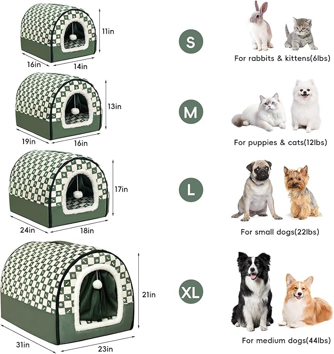 Dog House Indoor, Cozy Dog Cave Bed with Door Curtain, Cushion Mat, Removable and Washable Cover, Multi-Purpose Covered Dog Bed & Cat House for Cats and Small Dogs