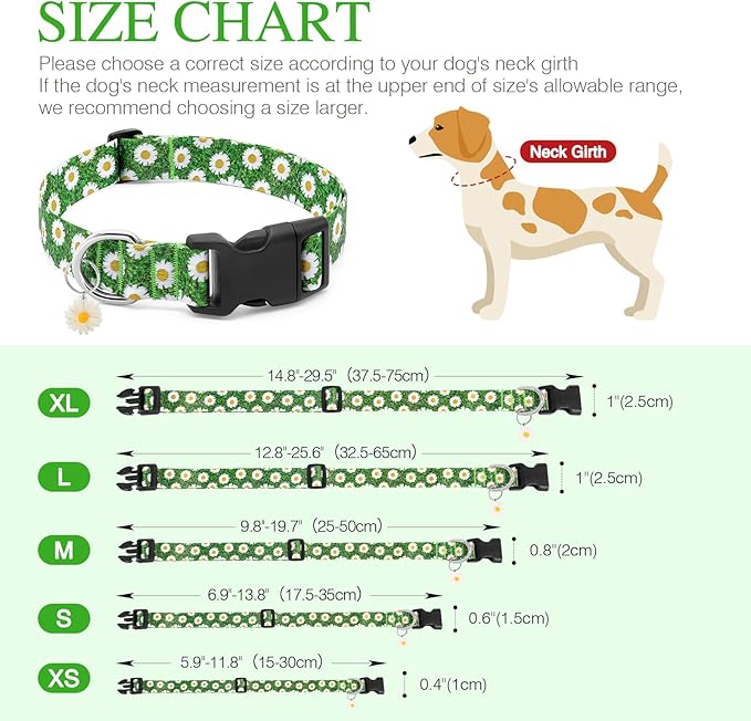 BiPawTi Green Dog Collars with Flower Floral - St. Patrick's Day Dog Collars for Puppies, Spring Dogs Collar for Girl Boy Female Dogs Pet, Cute Dog Collar with Pretty Daisies Charms (S, Green)