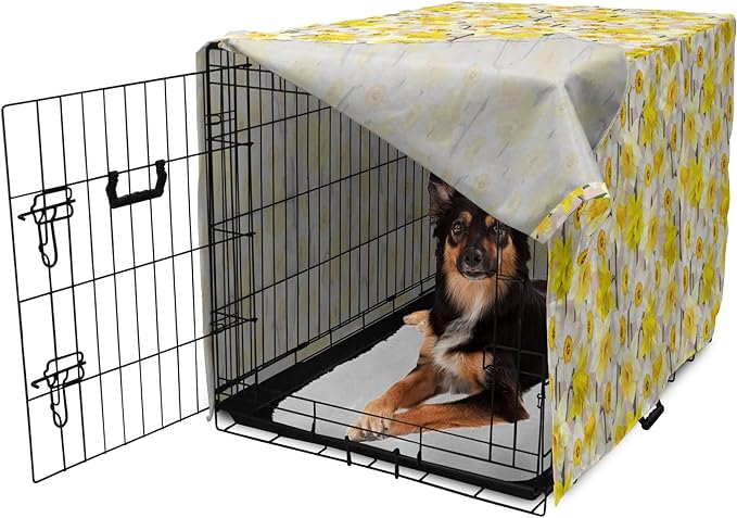 Lunarable Daffodil Dog Crate Cover, Gentle Nature Theme Blooming Spring Season Realistic Romantic Bedding Plants, Easy to Use Pet Kennel Cover for Medium Large Dogs, 36 Inch, Yellow Green Tan